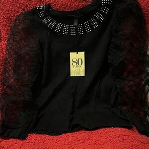 Black Studded Lace Sleeve Blouse